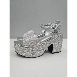 Larroude Miso Platform Sandal Womens 10 Silver Glitter Chunky Party Heels NEW